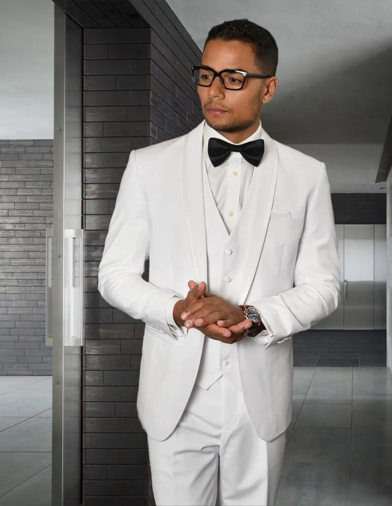 3 Pc Flat Front Pants With Matching Bow Tie| CAESAR| White