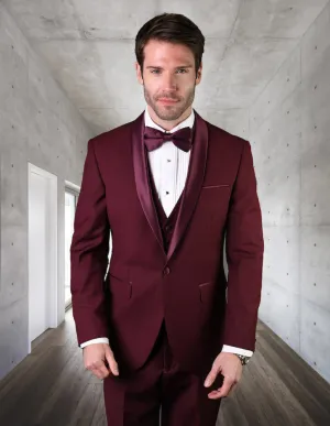 3pc Tailored Fit Flat Front Pants Shawl Lapel Tuxedo  | Tux-sh | Burgundy