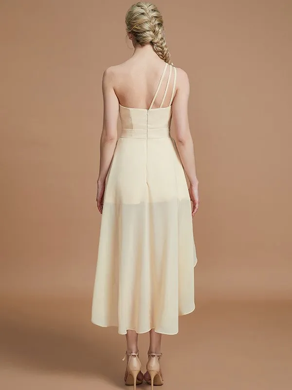 A-Line One-Shoulder Sleeveless With Layers Asymmetrical Chiffon Bridesmaid Dresses