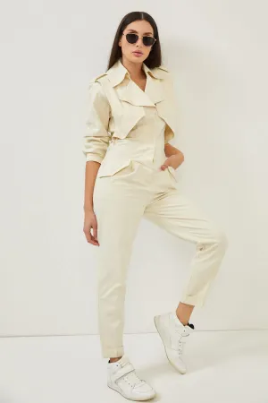 Beige Cotton Pocket Detail Straight Leg Overalls