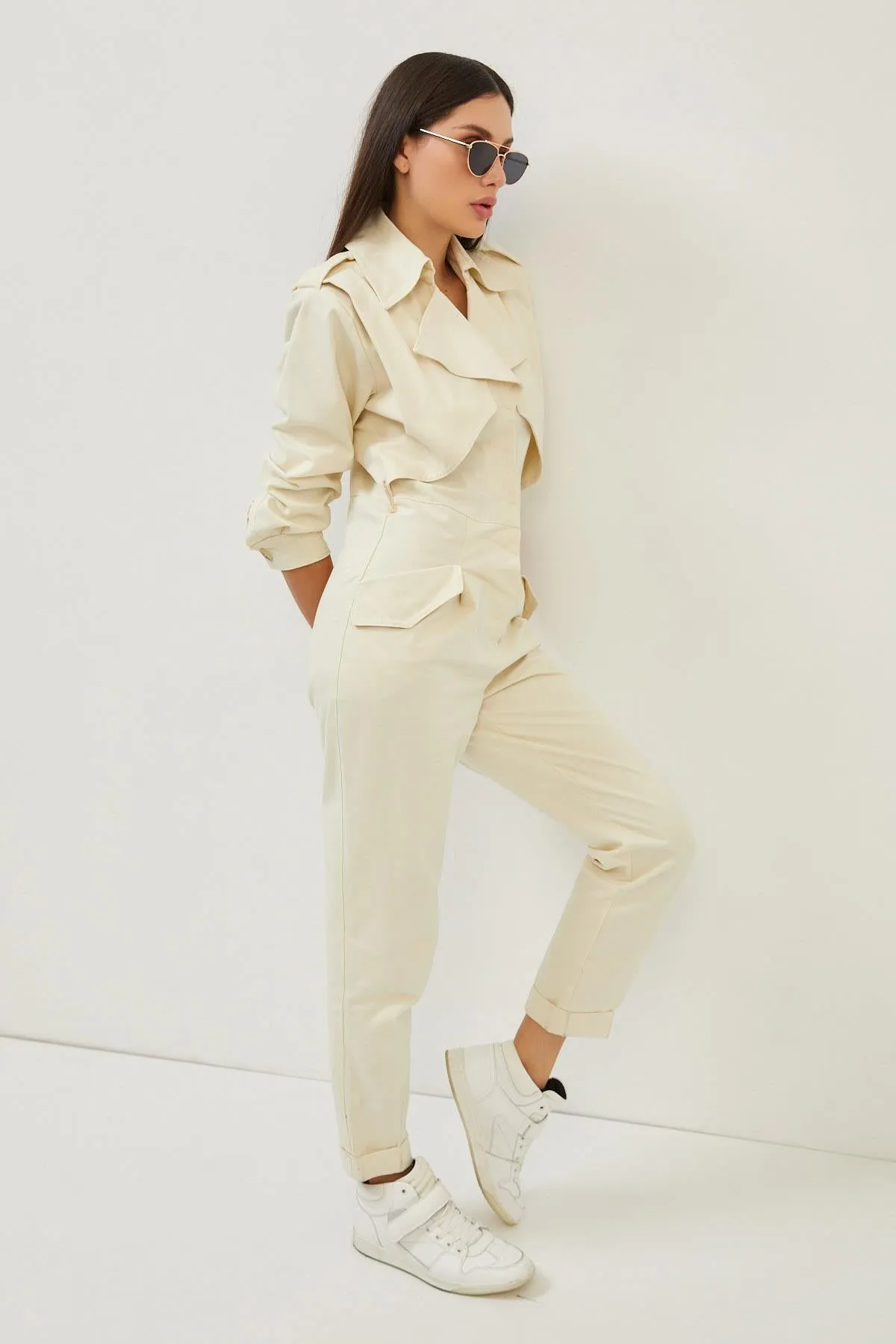 Beige Cotton Pocket Detail Straight Leg Overalls