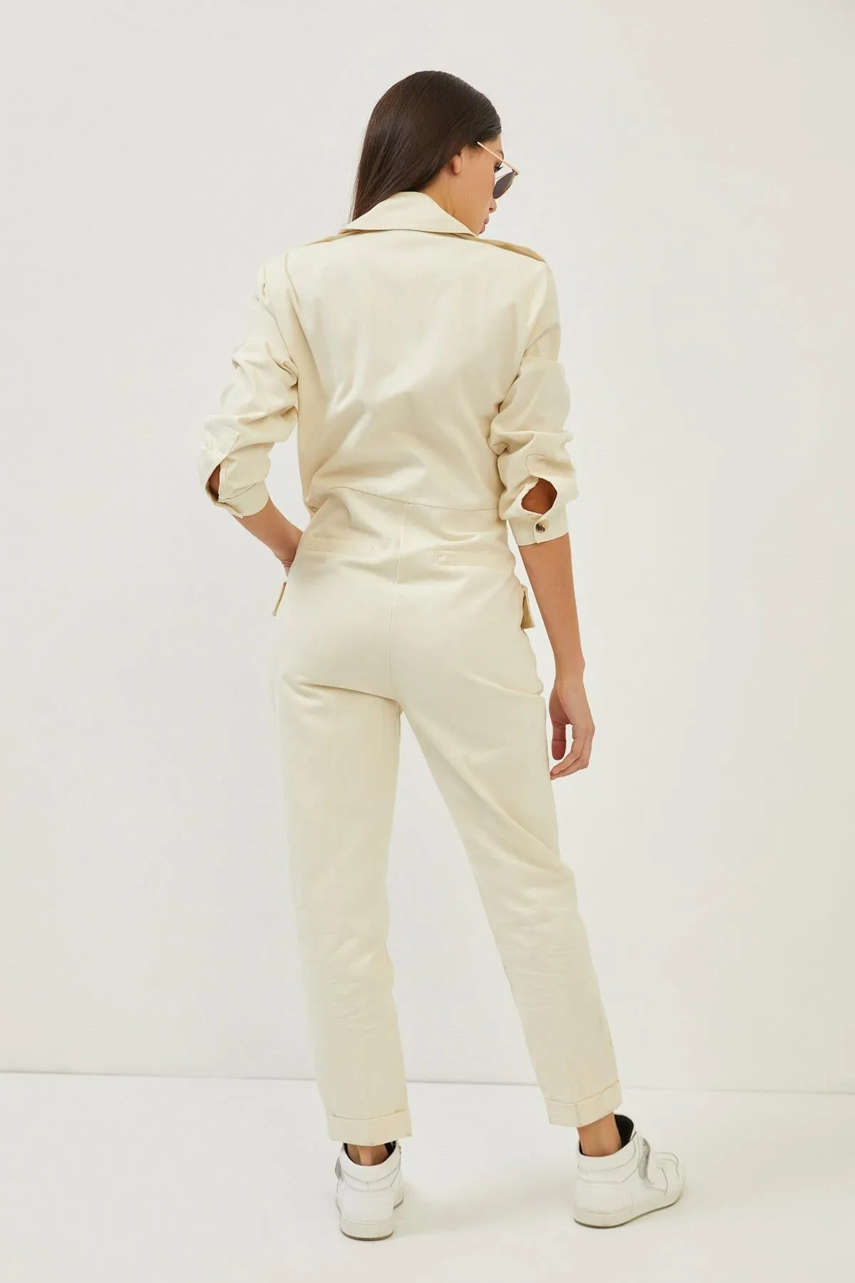 Beige Cotton Pocket Detail Straight Leg Overalls