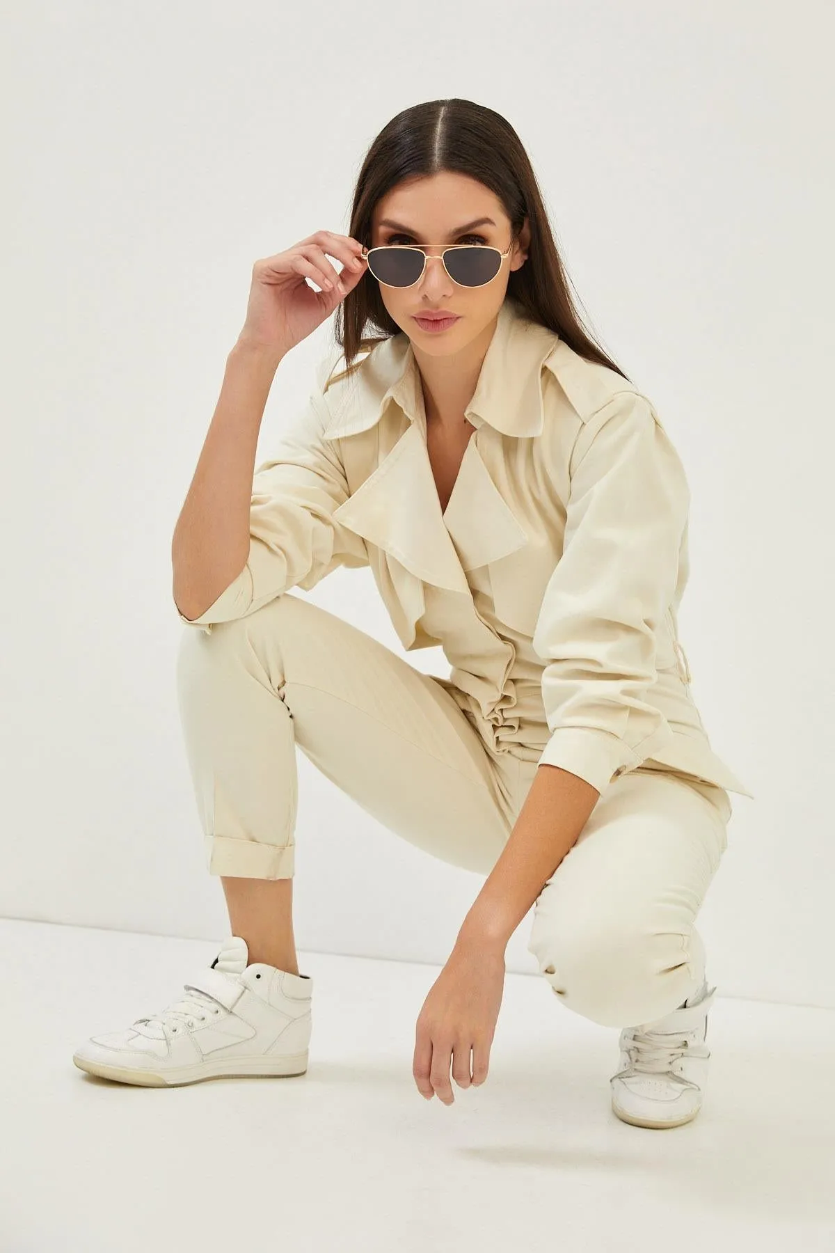 Beige Cotton Pocket Detail Straight Leg Overalls