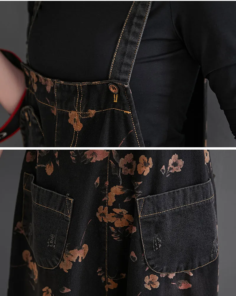 Black Denim Overalls Floral Print Dungaree