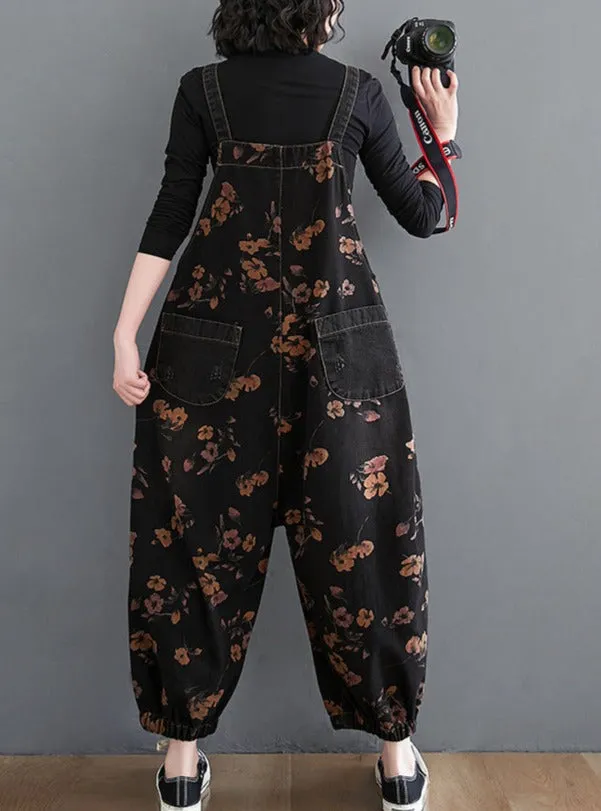 Black Denim Overalls Floral Print Dungaree