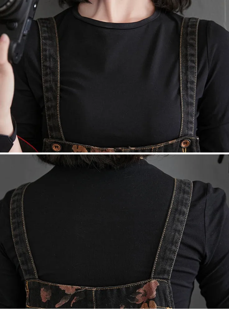 Black Denim Overalls Floral Print Dungaree
