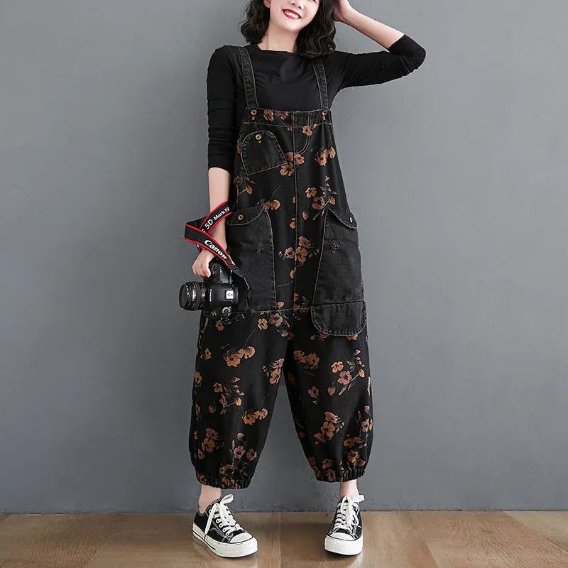 Black Denim Overalls Floral Print Dungaree