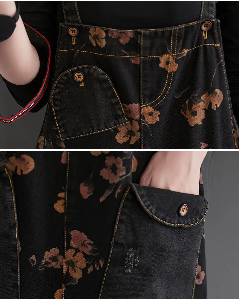 Black Denim Overalls Floral Print Dungaree