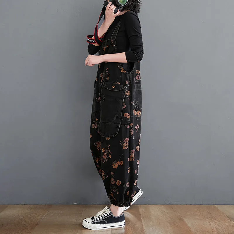 Black Denim Overalls Floral Print Dungaree