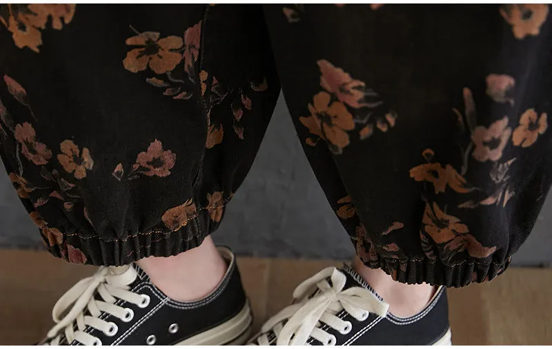 Black Denim Overalls Floral Print Dungaree