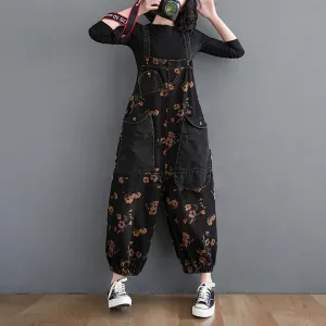 Black Denim Overalls Floral Print Dungaree