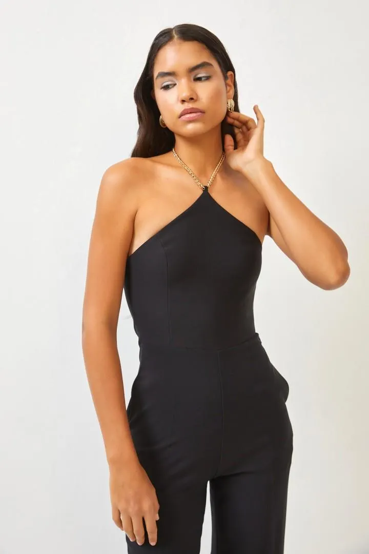Black Side Pocket Chain Strap Flared Overalls