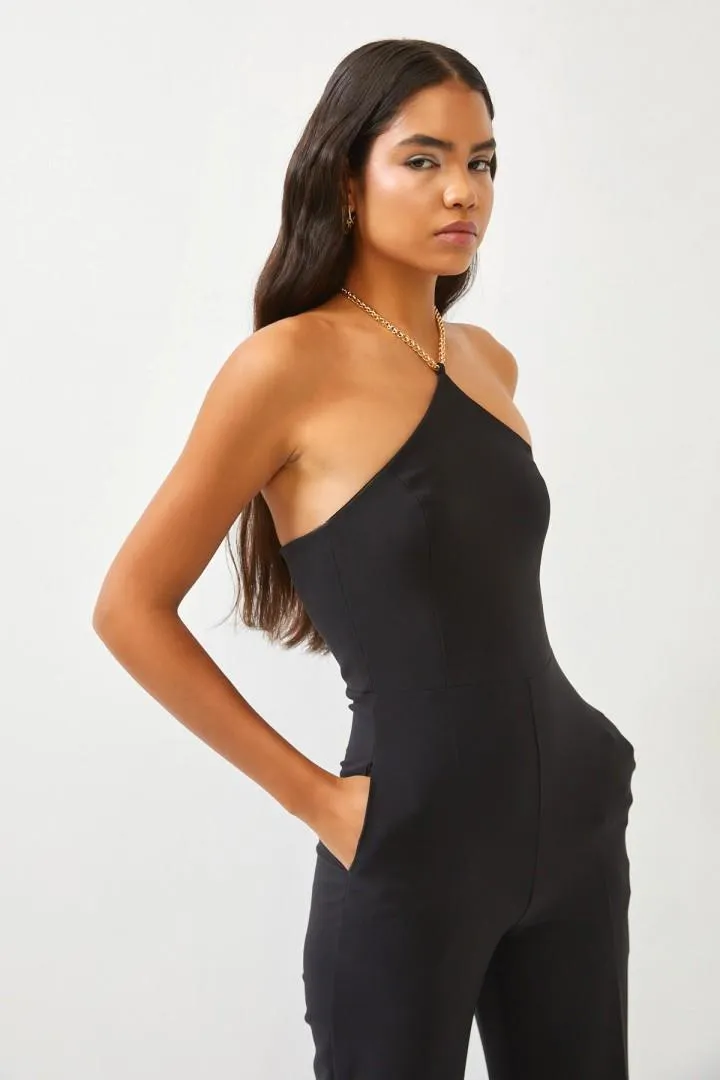 Black Side Pocket Chain Strap Flared Overalls