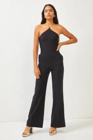 Black Side Pocket Chain Strap Flared Overalls