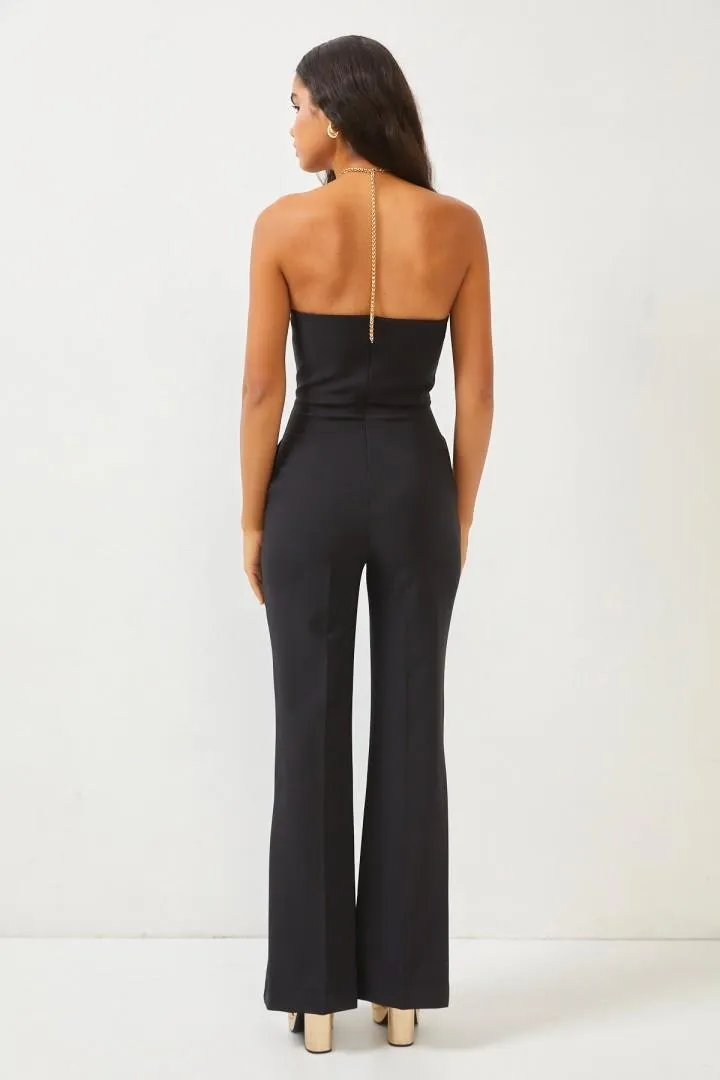 Black Side Pocket Chain Strap Flared Overalls