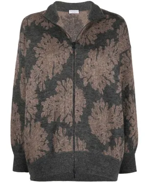 Charcoal Floral Motif Zip Front Knit Jacket