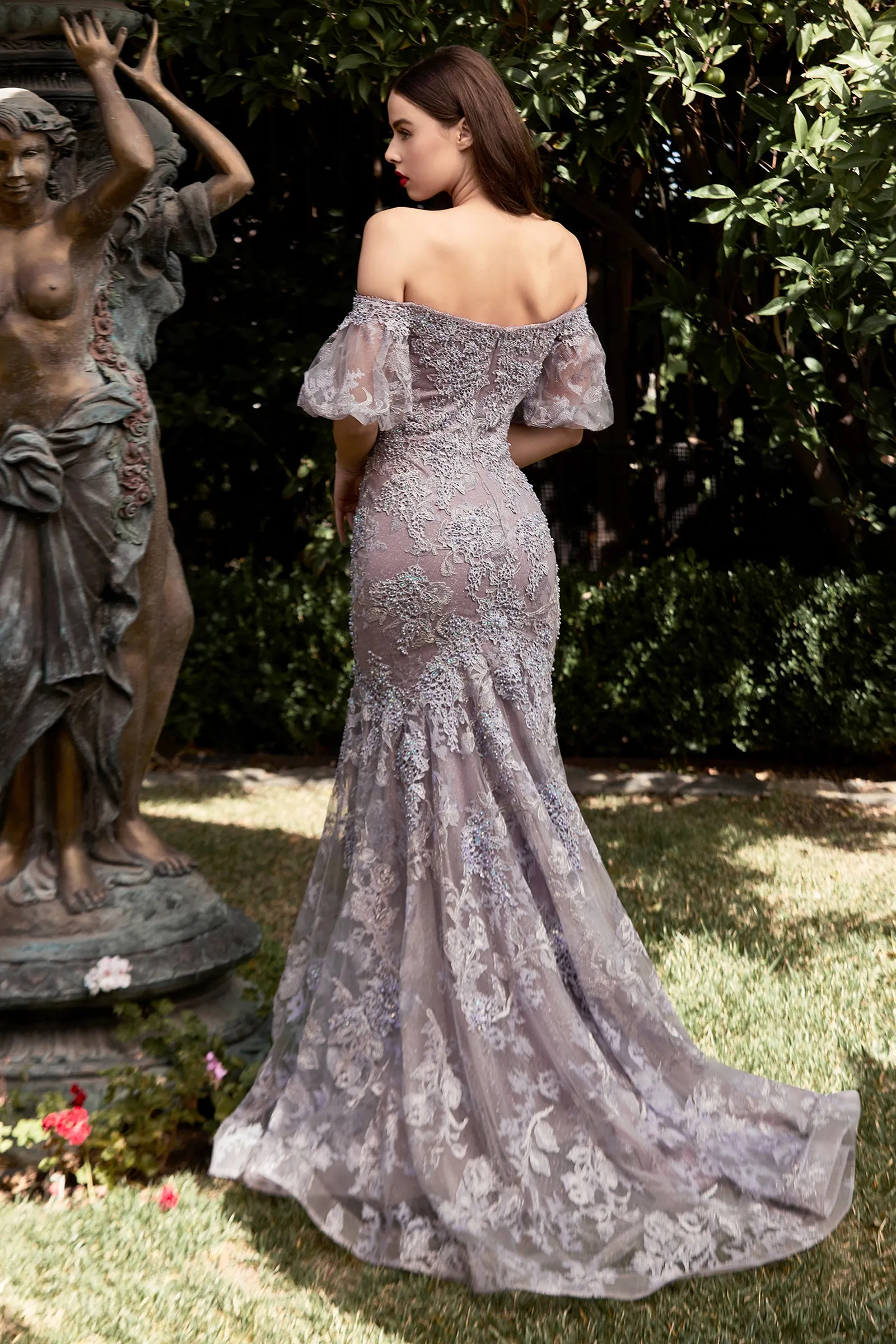 CINDERELLA DIVINE CD959 Lace Flare Off-Shoulder Mermaid Gown