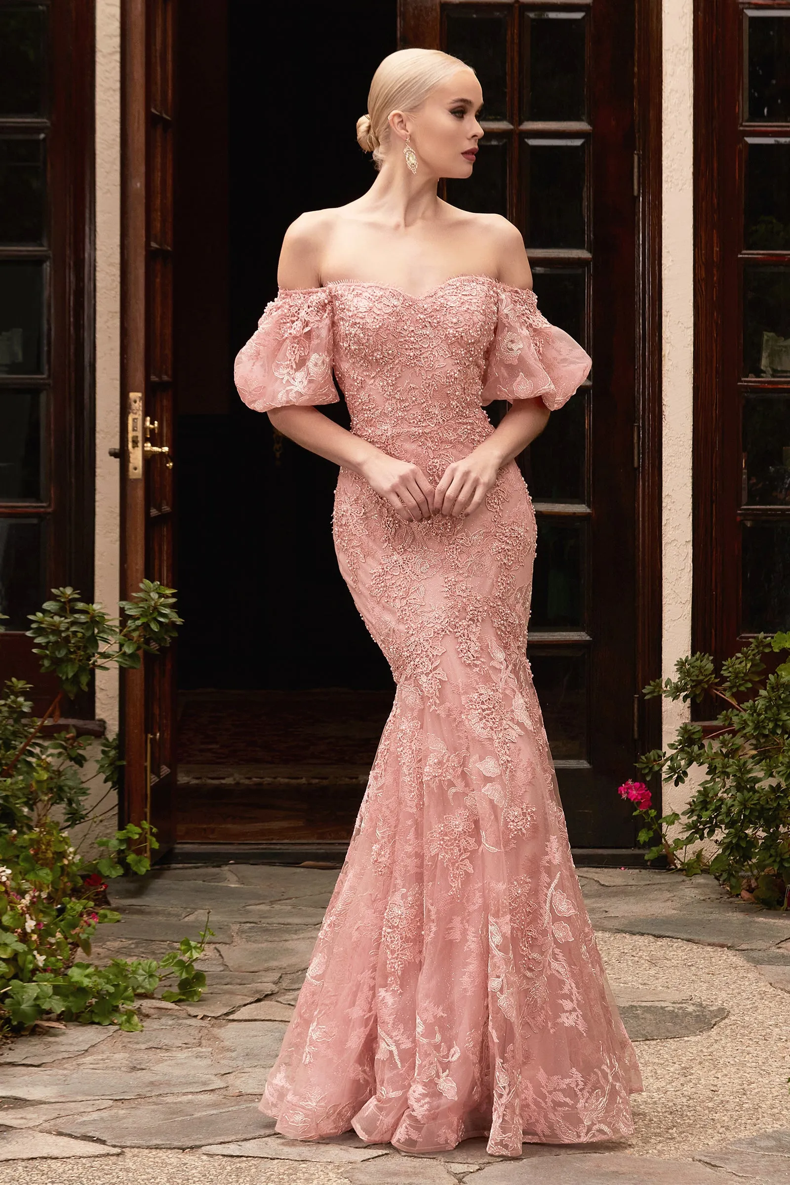 CINDERELLA DIVINE CD959 Lace Flare Off-Shoulder Mermaid Gown