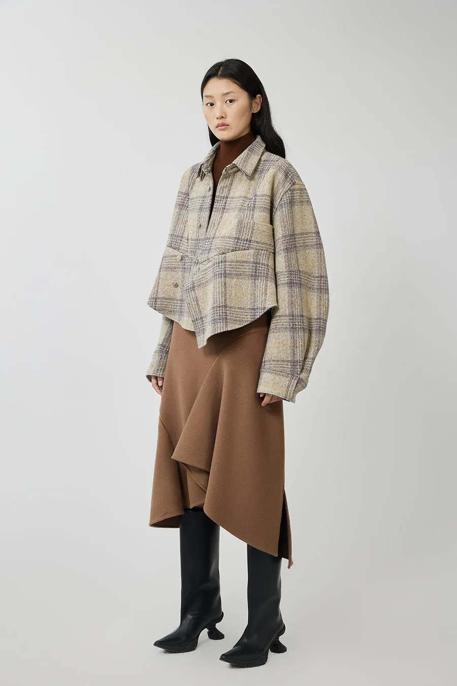 Coat / JNBY Plaid Ruffled Wool Shirt Jacket