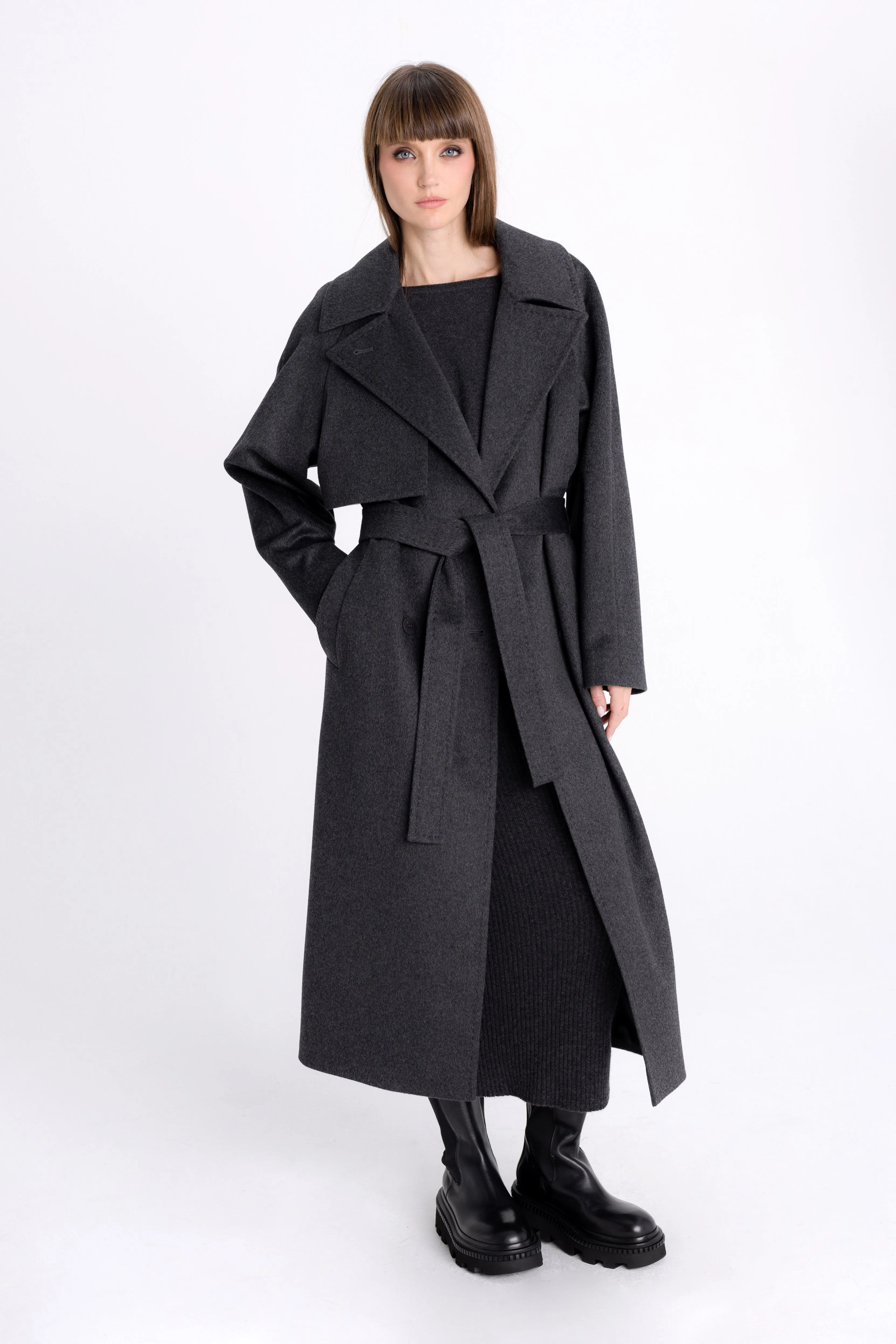 DARK GREY DOUBLE-BREASTED COAT WITH BELT