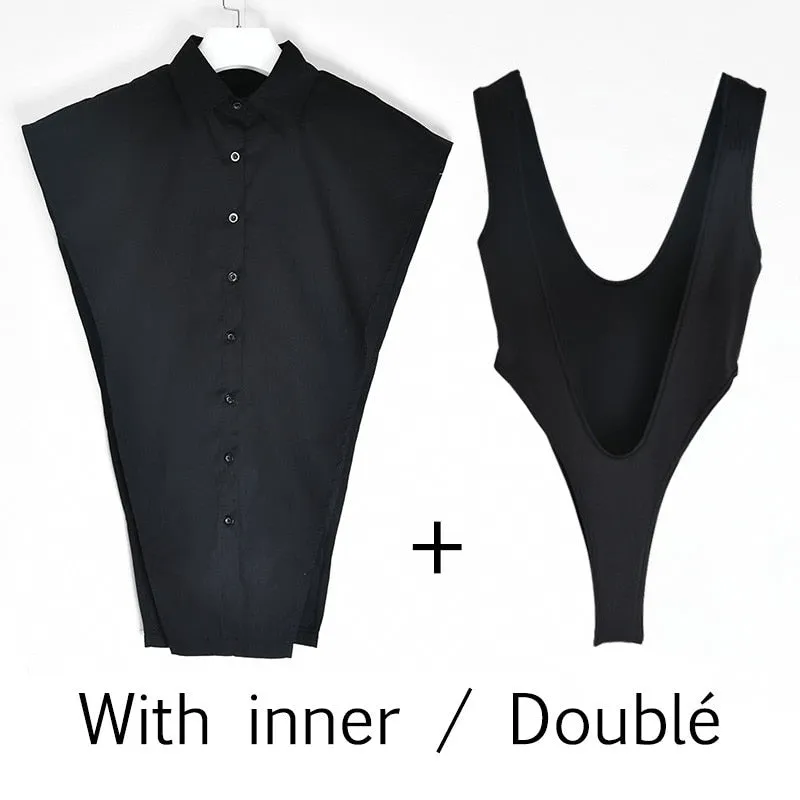 Deep V-Neck Shirt Style Bodysuit - 2 colors