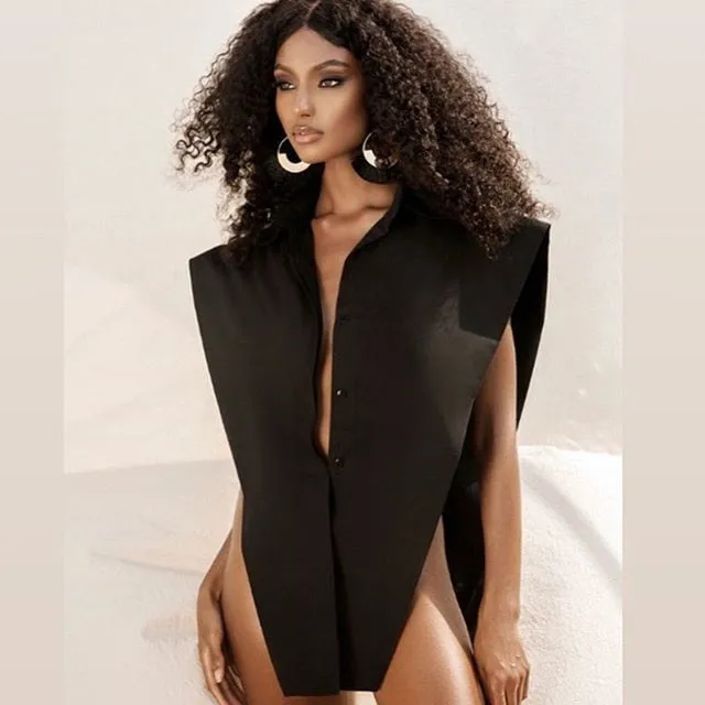 Deep V-Neck Shirt Style Bodysuit - 2 colors