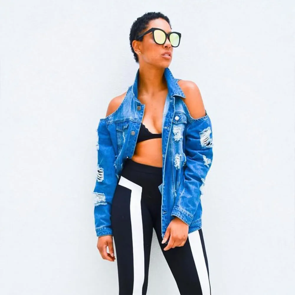 Distressed Cold Shoulder Denim Jacket