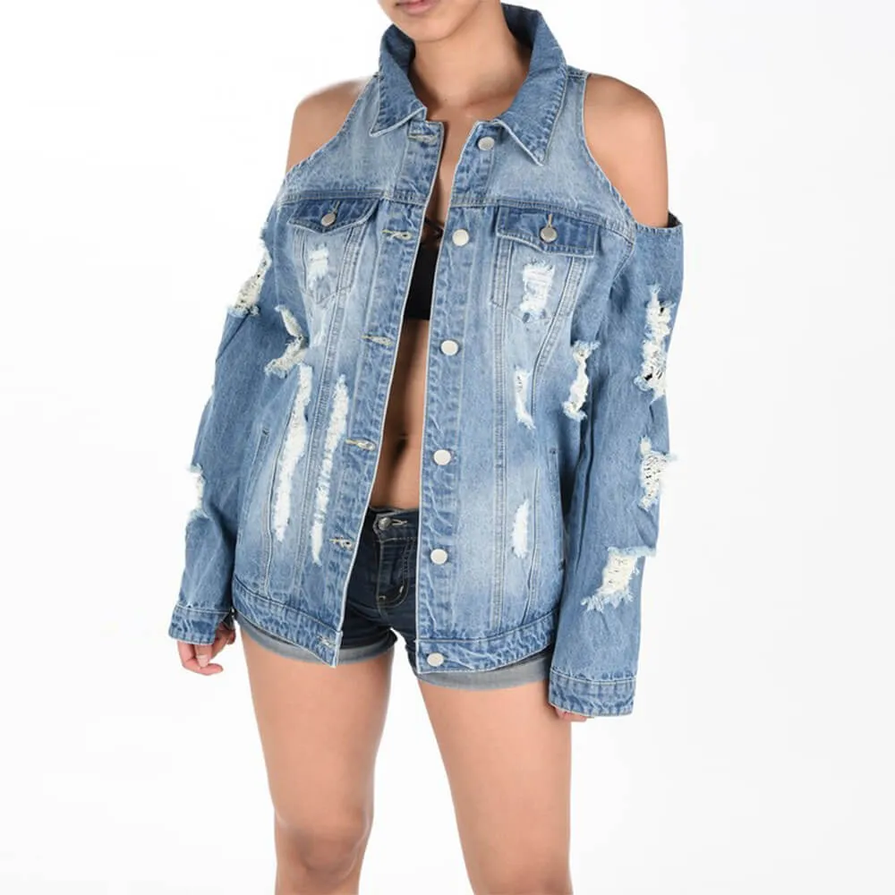 Distressed Cold Shoulder Denim Jacket