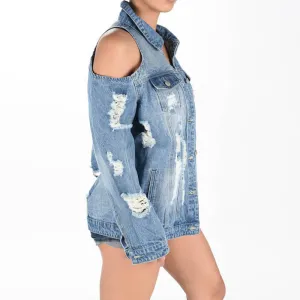 Distressed Cold Shoulder Denim Jacket