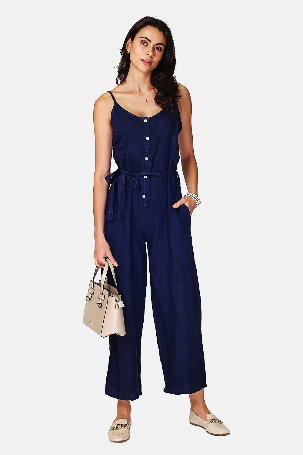 Front buttoned dungarees with belt and side pockets