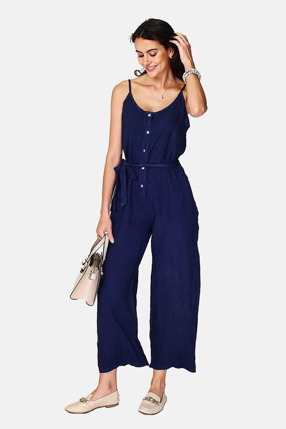 Front buttoned dungarees with belt and side pockets