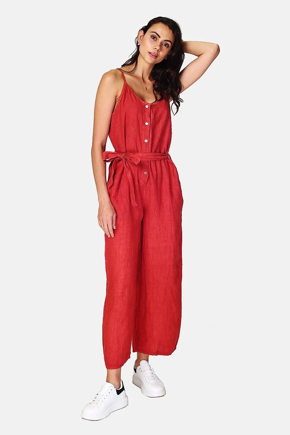 Front buttoned dungarees with belt and side pockets
