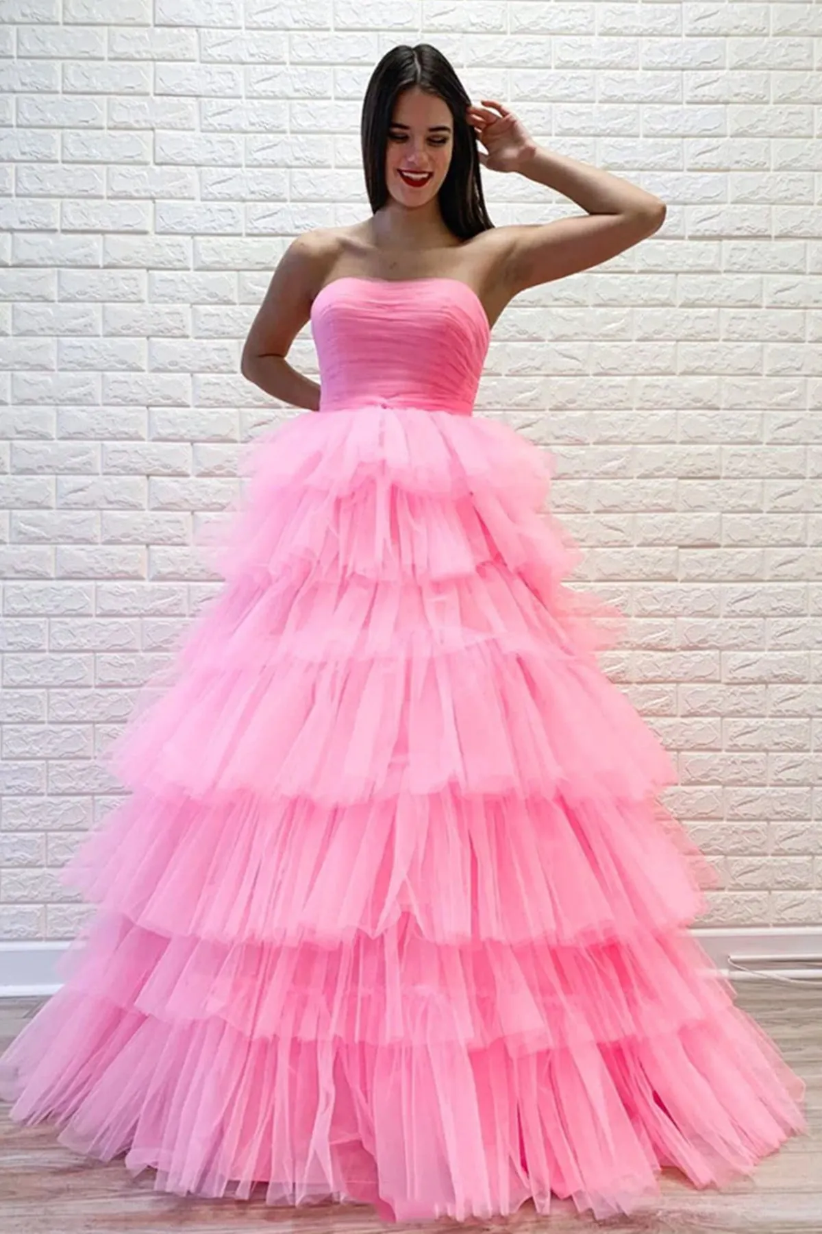 Gorgeous Long A-line Strapless Layered Tulle Prom Dress Pink Formal Evening Dresses