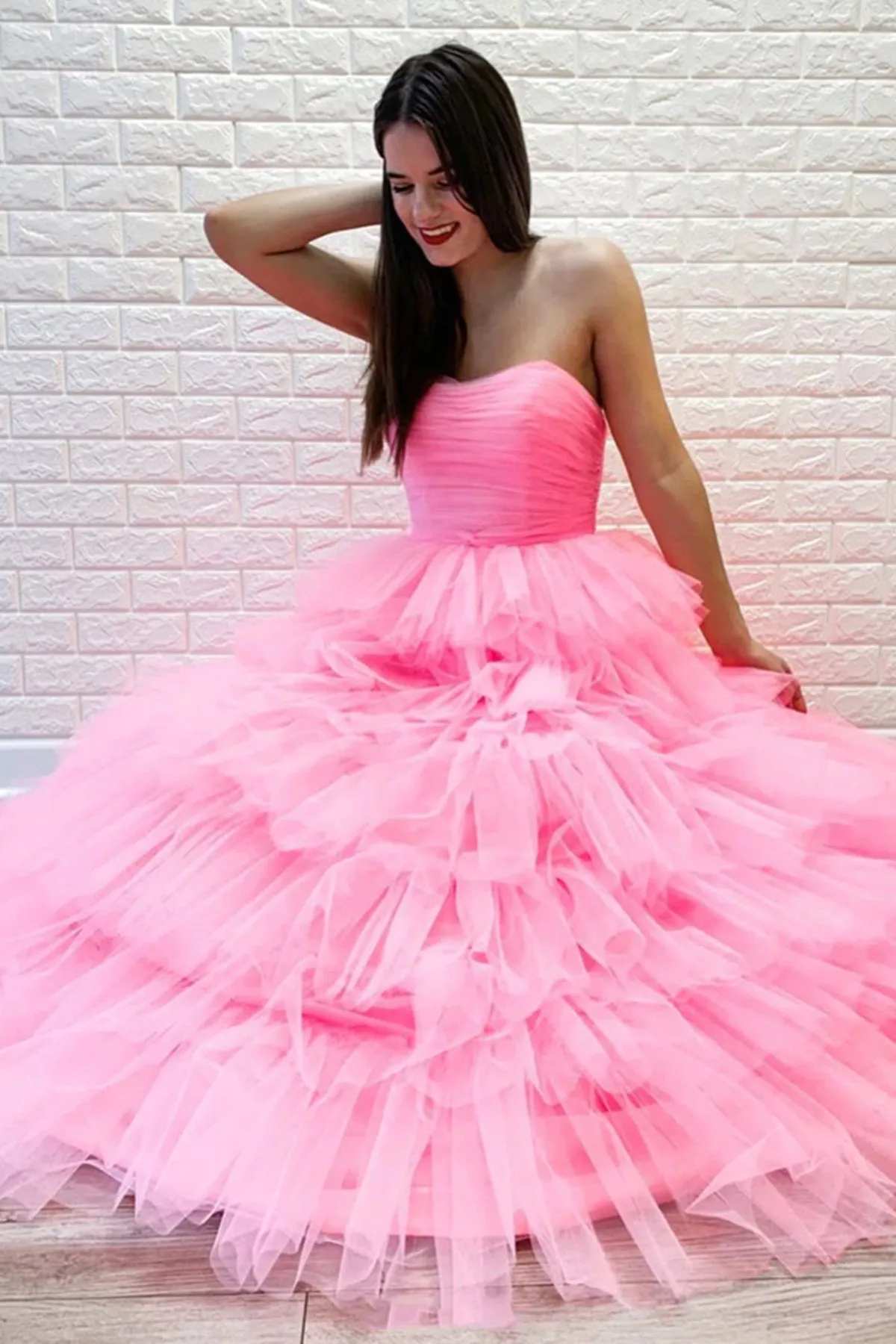 Gorgeous Long A-line Strapless Layered Tulle Prom Dress Pink Formal Evening Dresses