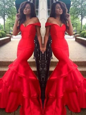 Gorgeous Mermaid Sleeveless Off-the-Shoulder Satin Layers Prom Dresses