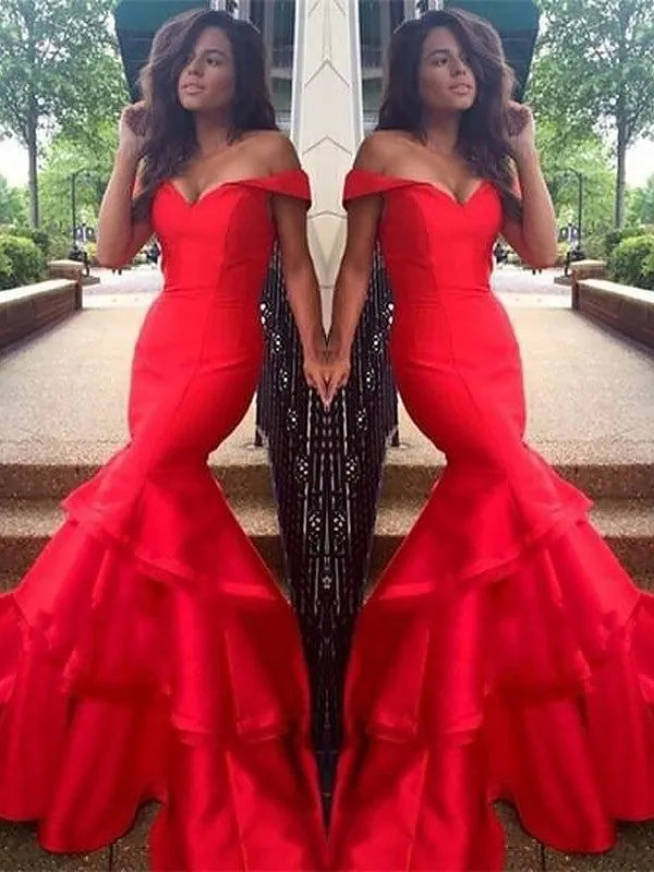 Gorgeous Mermaid Sleeveless Off-the-Shoulder Satin Layers Prom Dresses