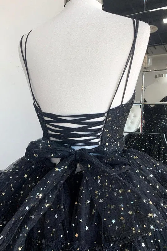 High Low Black Long Formal Dresses V neckline Tulle Prom Dresses Layers