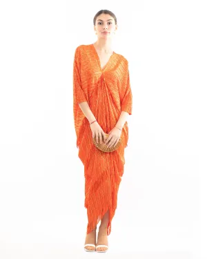 Layers Multi Fringed Tassel Pleated Midi Dress in Orange