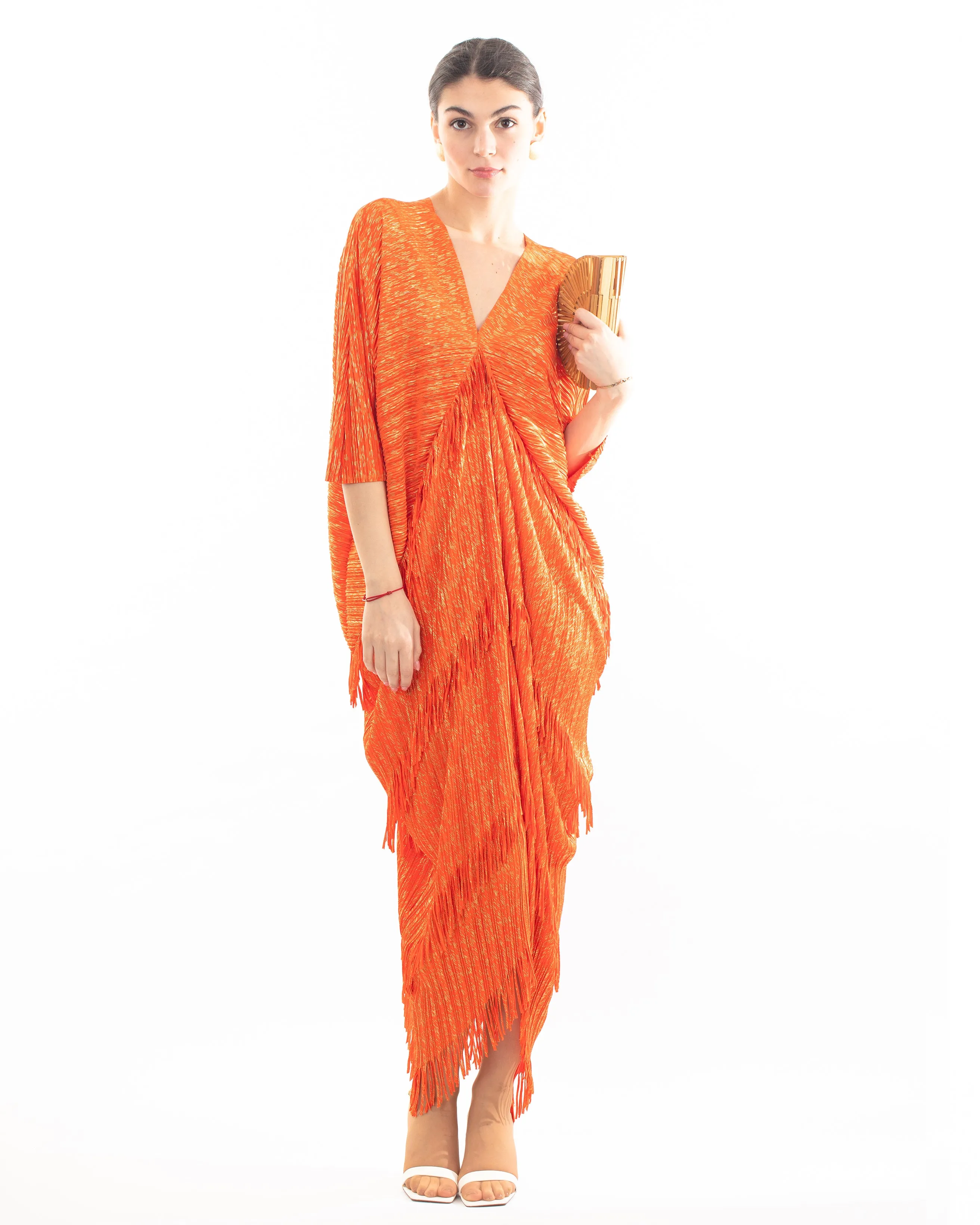 Layers Multi Fringed Tassel Pleated Midi Dress in Orange