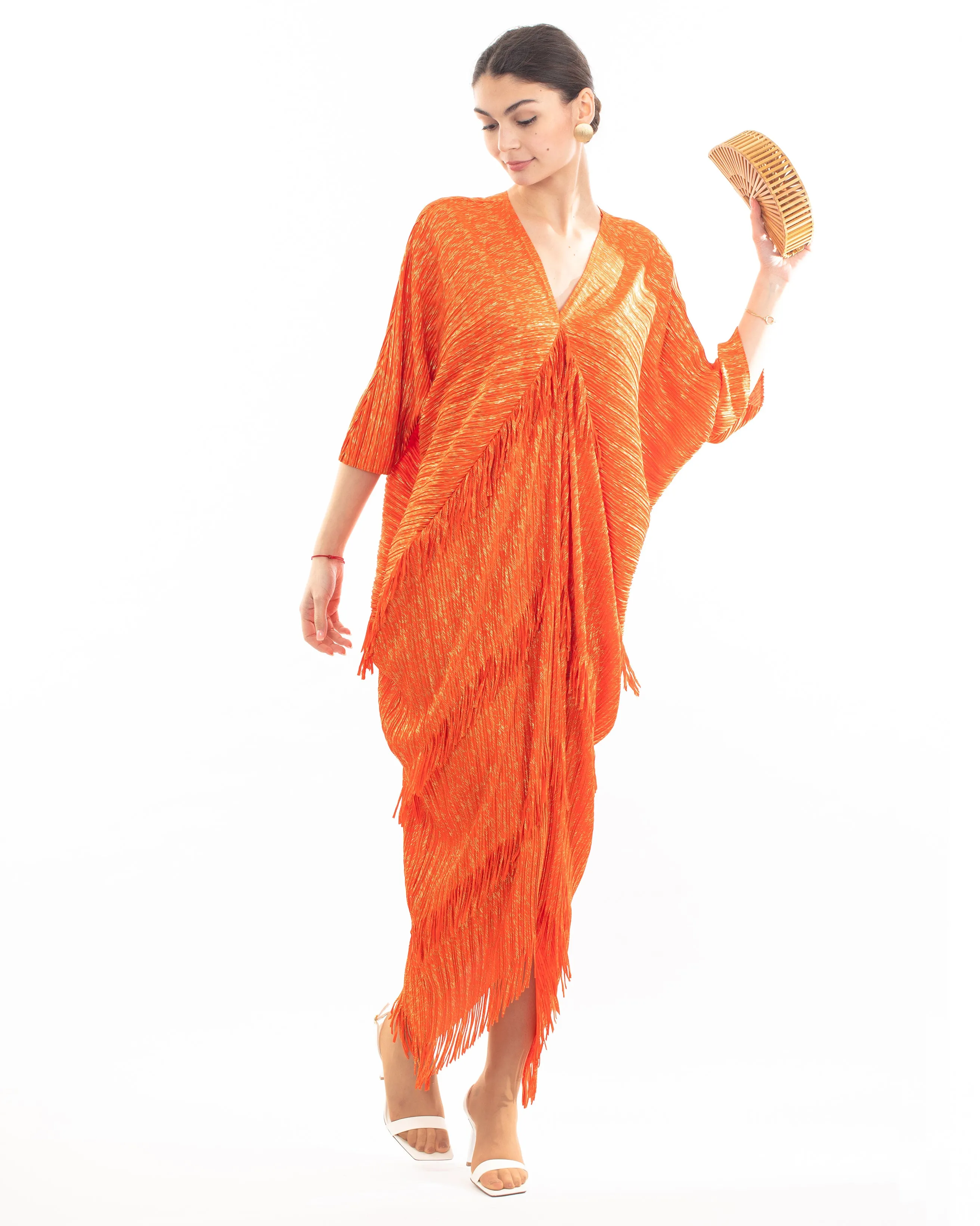 Layers Multi Fringed Tassel Pleated Midi Dress in Orange