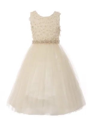 Little Girls Champagne Pearl 3D Floral Accents Tulle Flower Girl Dress 2-6