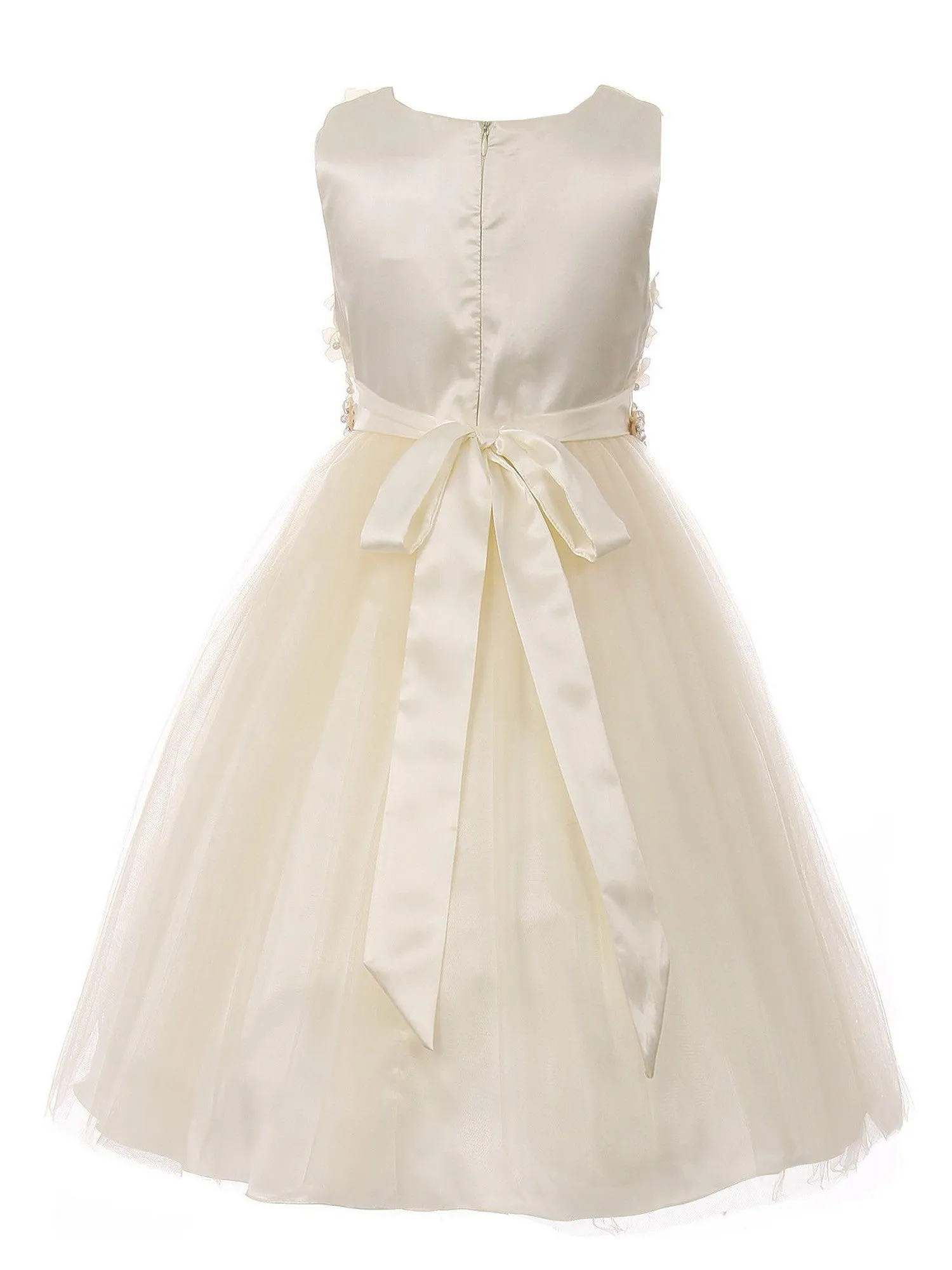 Little Girls Champagne Pearl 3D Floral Accents Tulle Flower Girl Dress 2-6
