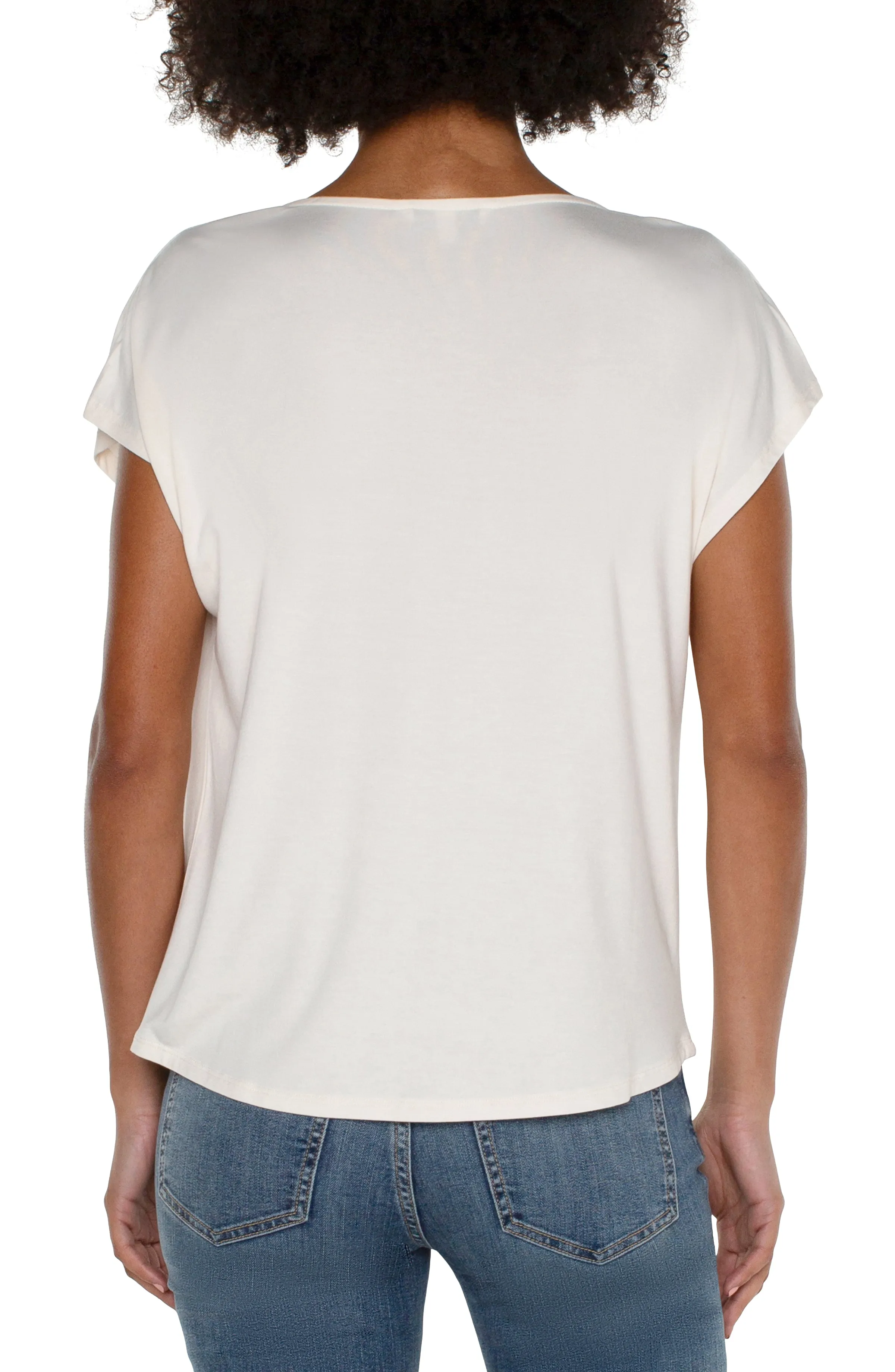 Liverpool Short Sleeve Draped Cowl Neck Knit Top (French Cream)