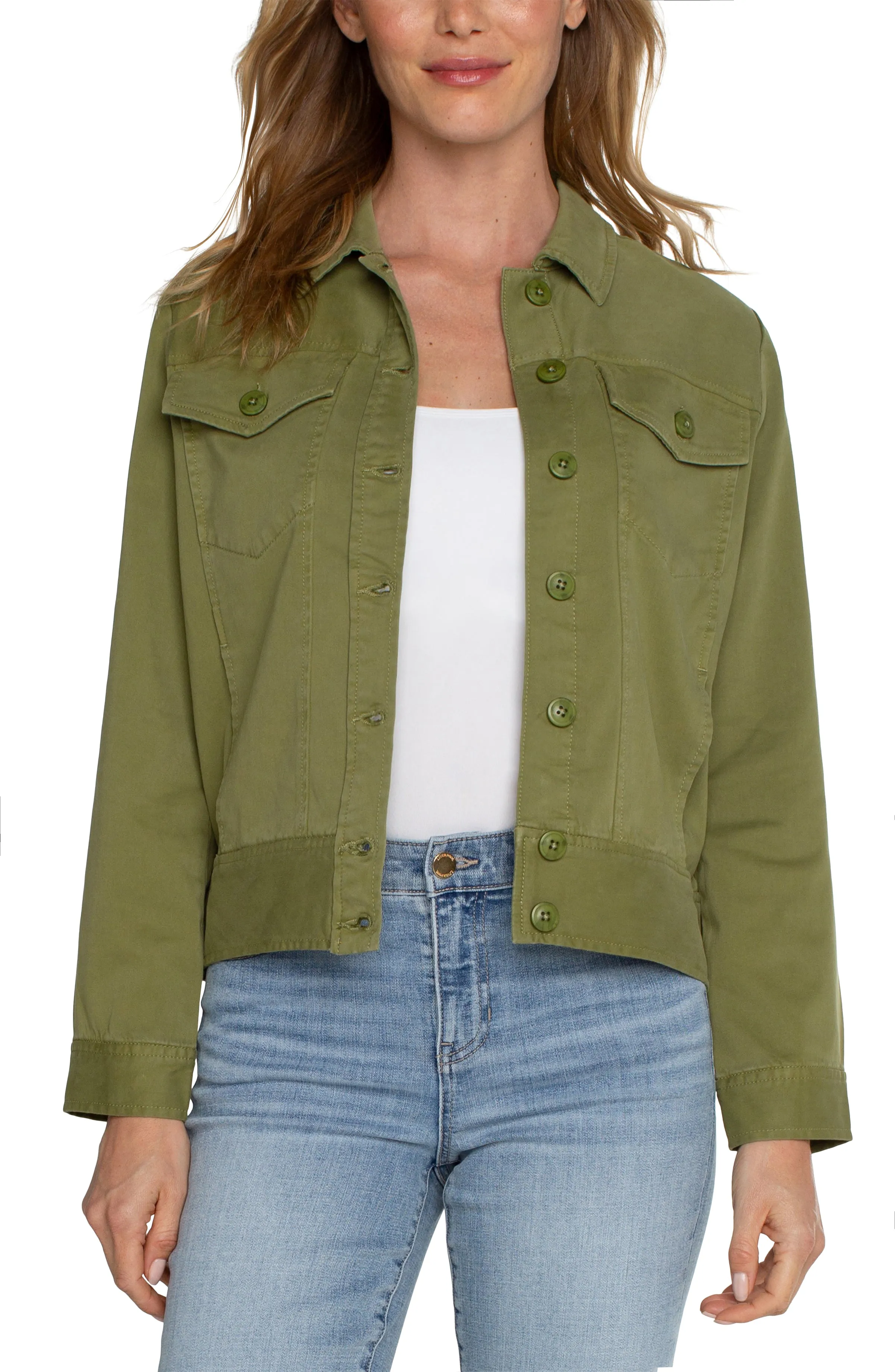 Liverpool Trucker Jacket w/ Elastic Back Waist (eucalyptus)