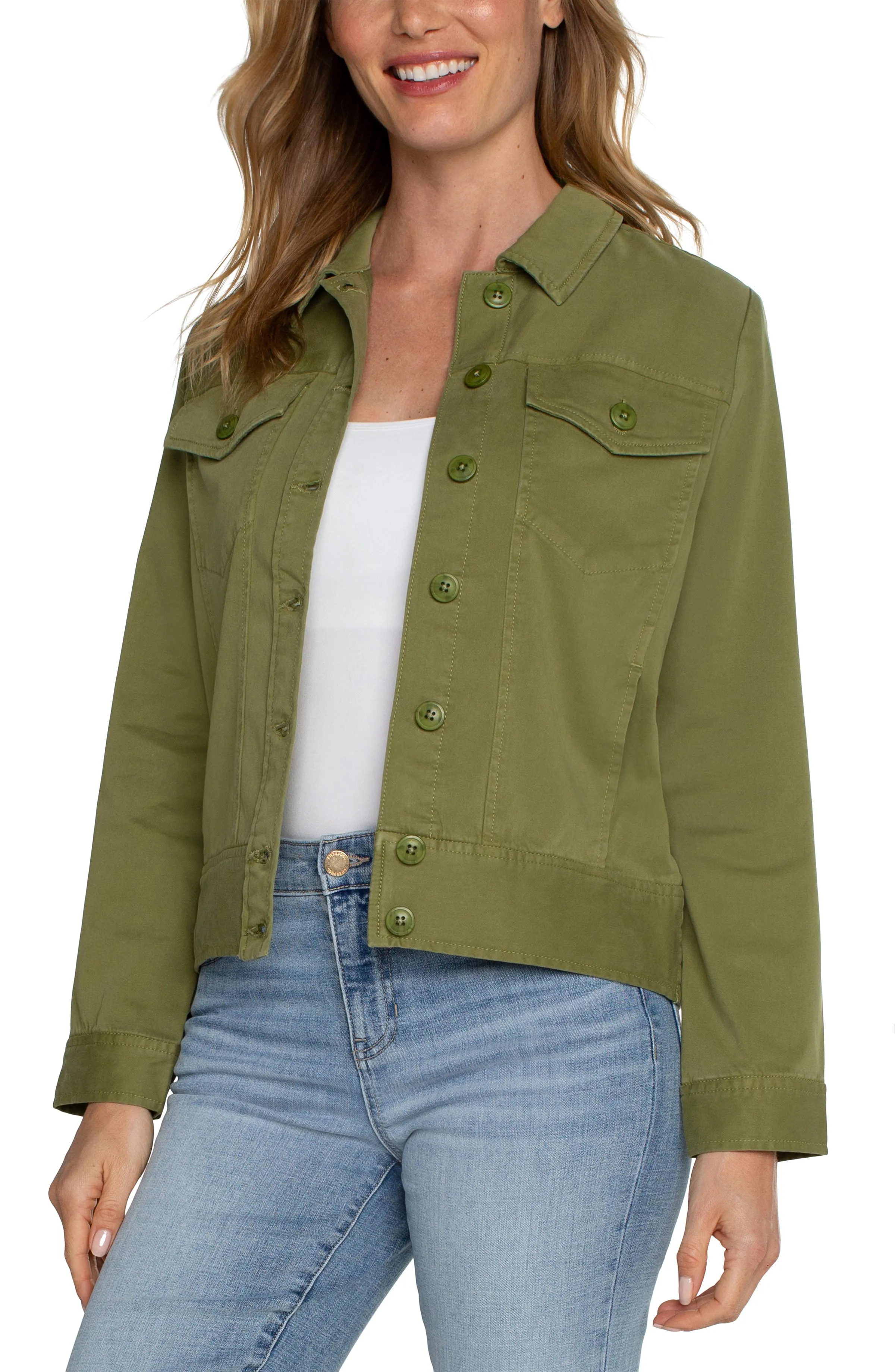 Liverpool Trucker Jacket w/ Elastic Back Waist (eucalyptus)