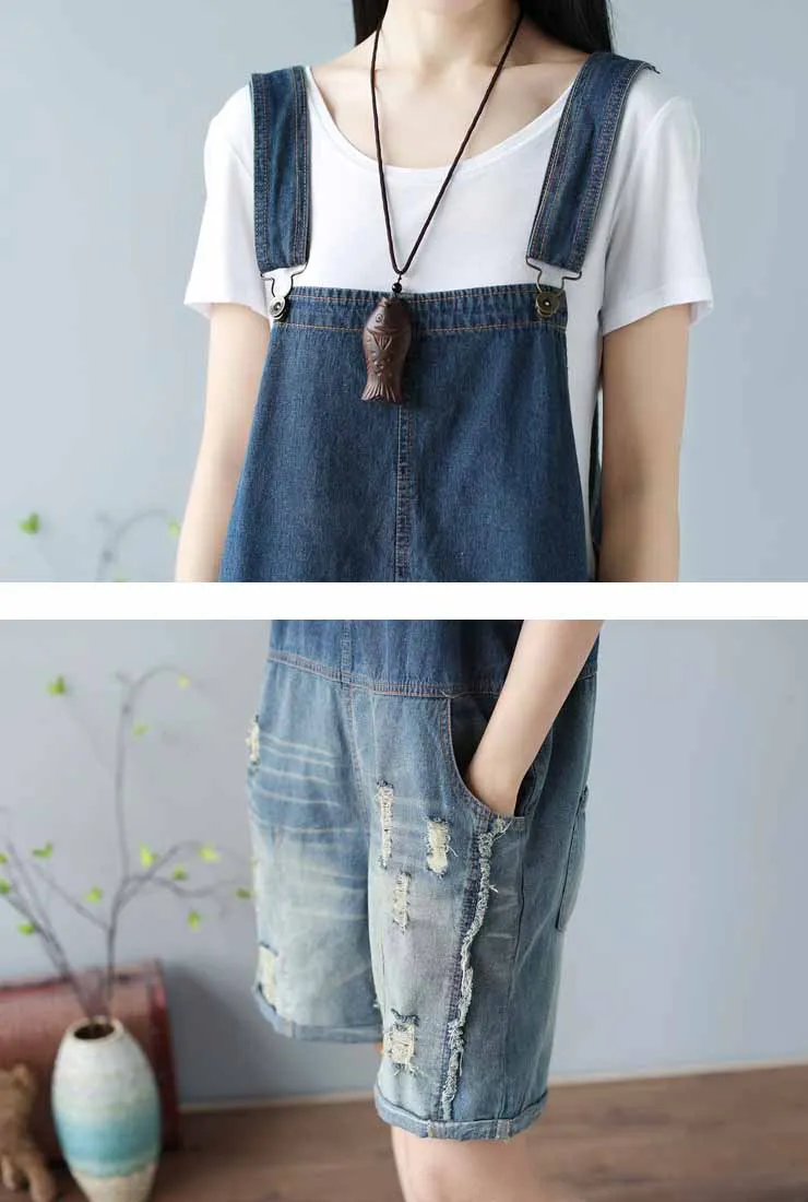Loose-Fit 100% Cotton Ripped Distressed Short Overalls