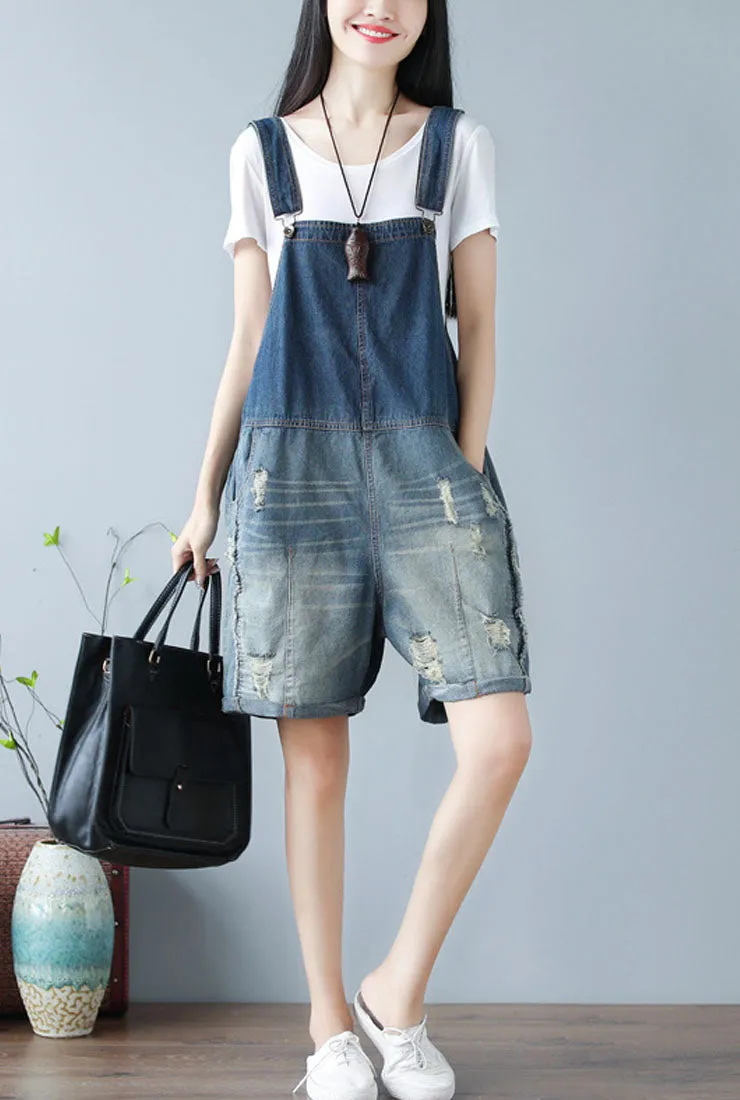 Loose-Fit 100% Cotton Ripped Distressed Short Overalls