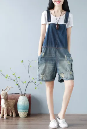 Loose-Fit 100% Cotton Ripped Distressed Short Overalls