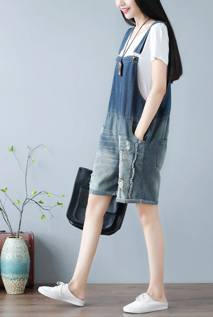 Loose-Fit 100% Cotton Ripped Distressed Short Overalls