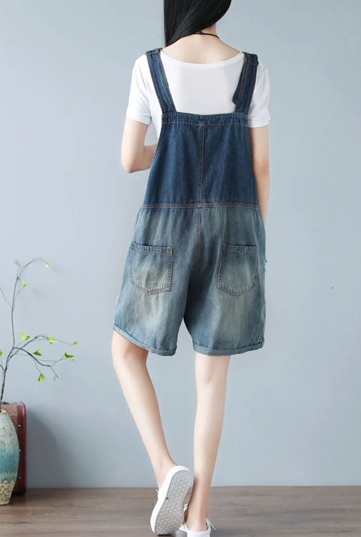 Loose-Fit 100% Cotton Ripped Distressed Short Overalls